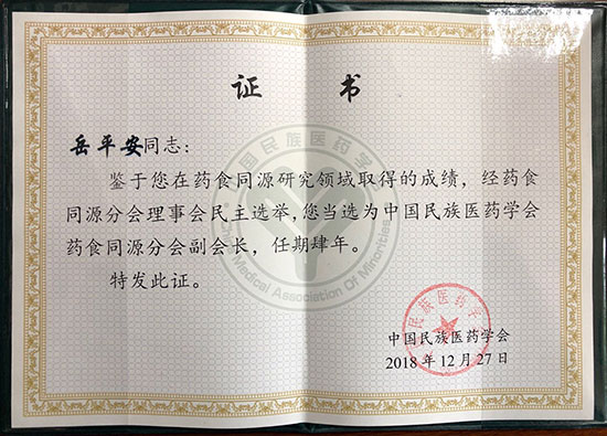 喜訊！恭喜岳平安董事長榮獲“中國民族醫(yī)藥學(xué)會藥食同源分會副會長”